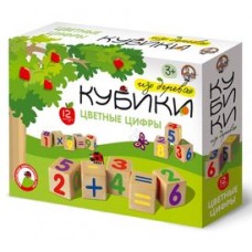 Кубики деревянные "Цветные цифры" 12 шт (Цв.цифры на неокр. кубиках) арт.01696